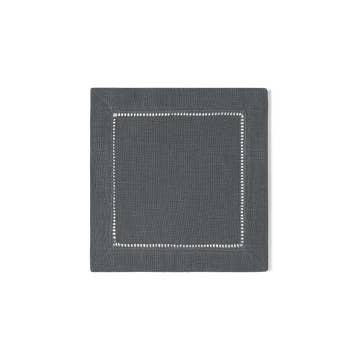 A charcoal linen cocktail napkin with a hemstitch border